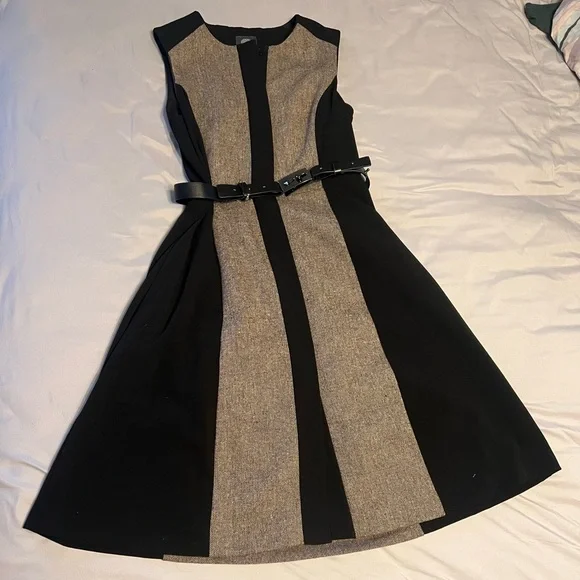 Vince Camuto Black and Tan Midi Button Belt Dress 2 - Picture 1 of 10